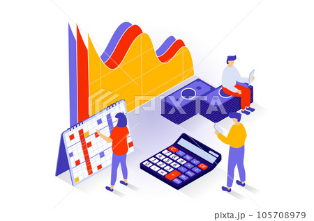 Business and marketing concept in 3d isometric design. People calculating budget and making financial report, creating developing strategy. Vector illustration with isometry scene for web graphic Business and marketing concept in 3d isometric design. People calculating budget and making financial report, creating developing strategy. Vector illustration with isometry scene for web graphic 105708979