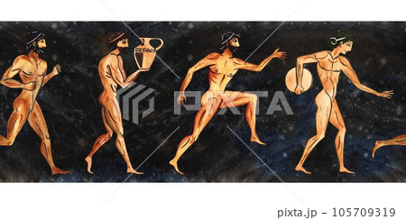 Seamless border pattern with ancient greek athletes. In the style of ancient Greek art of painting vase. Hand drawn watercolor illustration. On a textured black background. 105709319