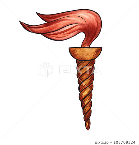 Torch of ancient Greece. Golden emblem on a white background. Hand drawn watercolor illustration. Isolate. For the design of banners, packaging and labels. For postcards, prints and textiles. Torch of ancient Greece. Golden emblem on a white background. Hand drawn watercolor illustration. Isolate. For the design of banners, packaging and labels. For postcards, prints and textiles. 105709324