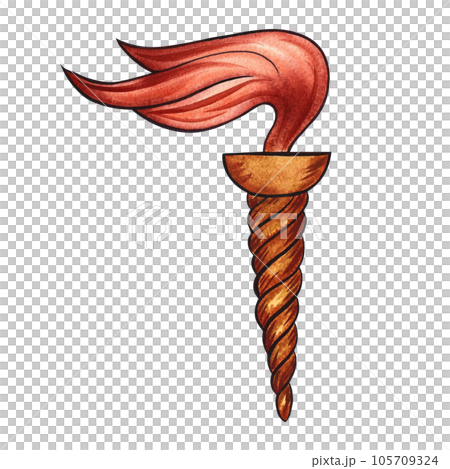 Torch of ancient Greece. Golden emblem on a white background. Hand drawn watercolor illustration. Isolate. For the design of banners, packaging and labels. For postcards, prints and textiles. Torch of ancient Greece. Golden emblem on a white background. Hand drawn watercolor illustration. Isolate. For the design of banners, packaging and labels. For postcards, prints and textiles. 105709324
