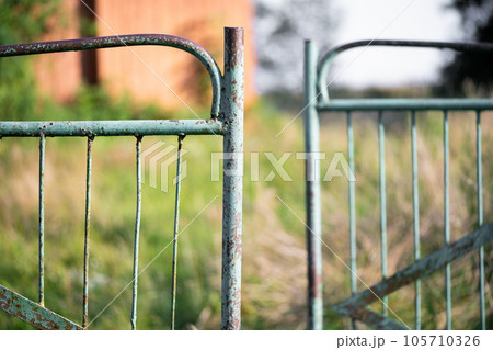old rusty metal gate with cracked paint old rusty metal gate with cracked paint 105710326