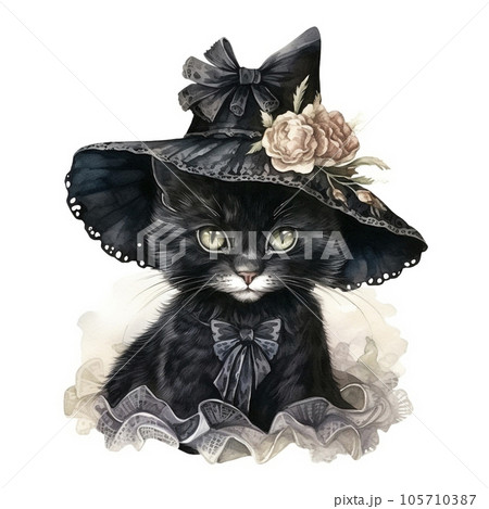 Watercolor Victorian witch cat in black hat. Black cat. Happy Halloween. Cute vintage black kitten in a halloween hat with flowers. Watercolor Victorian witch cat in black hat. Black cat. Happy Halloween. Cute vintage black kitten in a halloween hat with flowers. 105710387