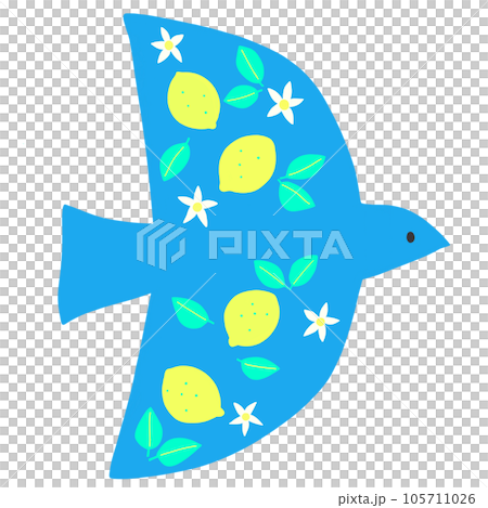 Blue flying bird with pattern of lemons and flowers Blue flying bird with pattern of lemons and flowers 105711026