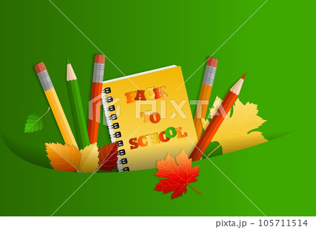 Concept of return to school, knowledge day, September 1, school supplies in a pocket, multi-colored bright stationery. On green background with shadow and copy space Concept of return to school, knowledge day, September 1, school supplies in a pocket, multi-colored bright stationery. On green background with shadow and copy space 105711514