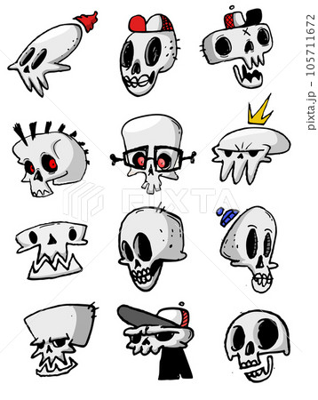 Cartoon Halloween funny skulls set isolated on white background. Grim reapers illustration. Great for icon 105711672