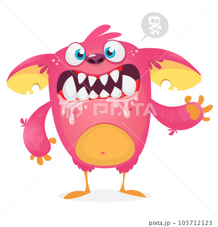 Funny cartoon smiling monster creature. Halloween Illustration of happy alien character. Vector isolated 105712123
