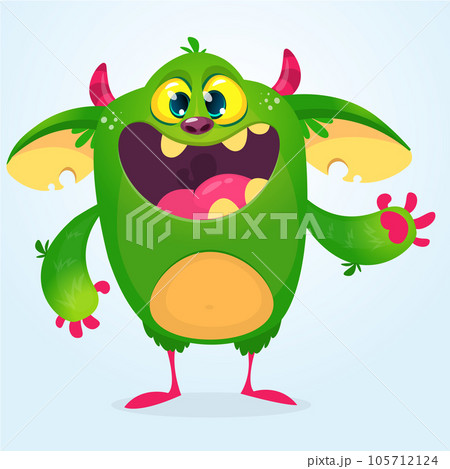 Funny cartoon smiling monster creature. Halloween Illustration of happy alien character. Vector isolated 105712124