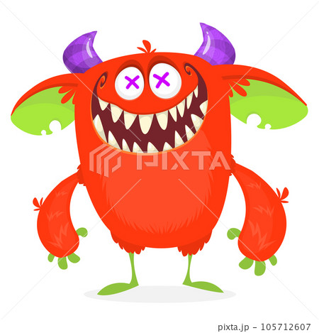 Funny cartoon smiling monster creature. Halloween Illustration of happy alien character. Vector isolated 105712607