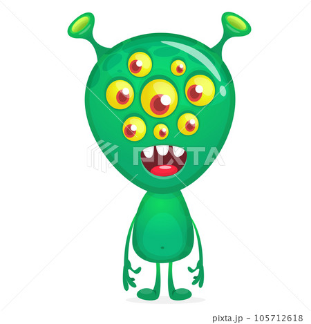 Funny cartoon smiling monster creature. Halloween Illustration of happy alien character. Vector isolated 105712618