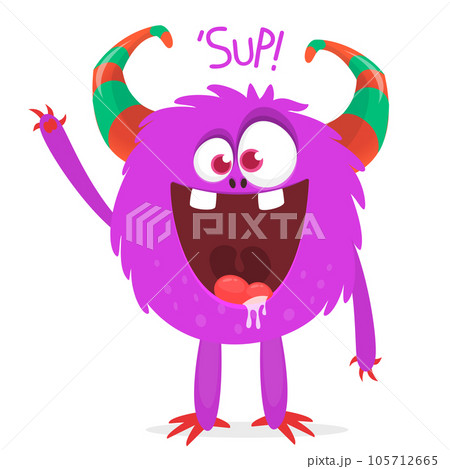 Funny cartoon smiling monster creature. Halloween Illustration of happy alien character. Vector isolated 105712665