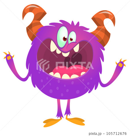 Funny cartoon smiling monster creature. Halloween Illustration of happy alien character. Vector isolated 105712676