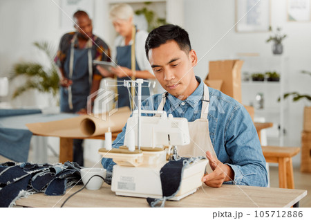 Tailor stitching and making clothes with sewing machine in fashion, design and creative workshop. Serious man working on handmade, trendy and stylish clothing for fashionable boutique or store 105712886