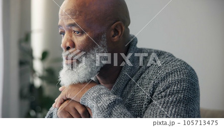 Depression, sad and senior man at home with mourning and memory with mental health problem. Elderly male person, sorry and anxiety in a house feeling disappointed in retirement with grief and fail 105713475