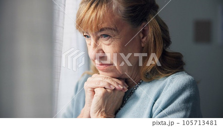 Depression, thinking and senior woman at home with mourning and memory with mental health problem. Elderly female person, sad and anxiety in a house feeling disappointed in retirement with grief Depression, thinking and senior woman at home with mourning and memory with mental health problem. Elderly female person, sad and anxiety in a house feeling disappointed in retirement with grief 105713481