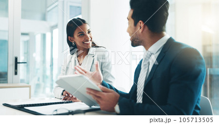 Tablet, meeting and partnership with business people working in an office as a team for research. Technology, planning or teamwork with a man and woman employee reading information in the workplace 105713505