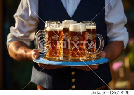 Handsome waiter in traditional Bavarian costume with big mugs of cold beer, oktoberfest  Generative AI 105714293