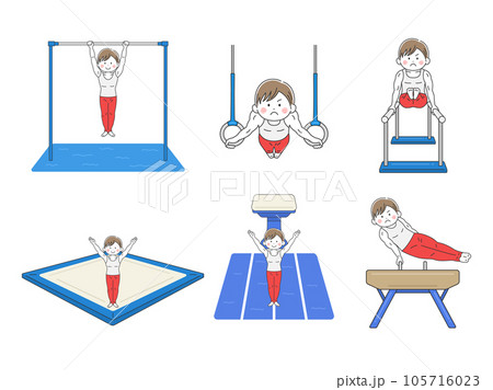 種目別の演技をする、男性の体操選手のイラストセット 105716023