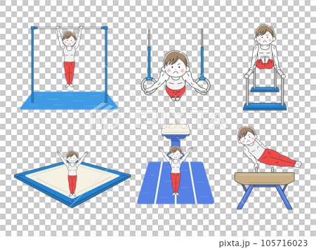 種目別の演技をする、男性の体操選手のイラストセット 105716023