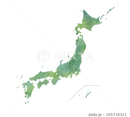 手書きで書いた日本地図の緑色の水彩画イラスト 105716321