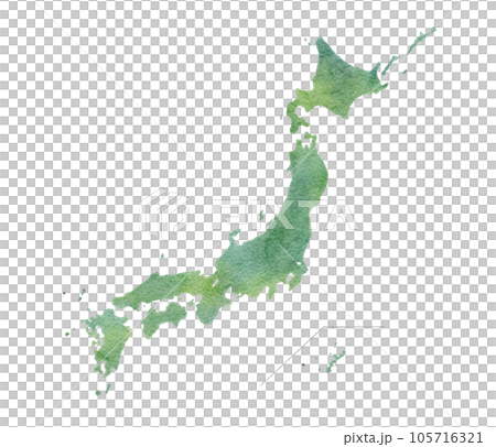 手書きで書いた日本地図の緑色の水彩画イラスト 105716321