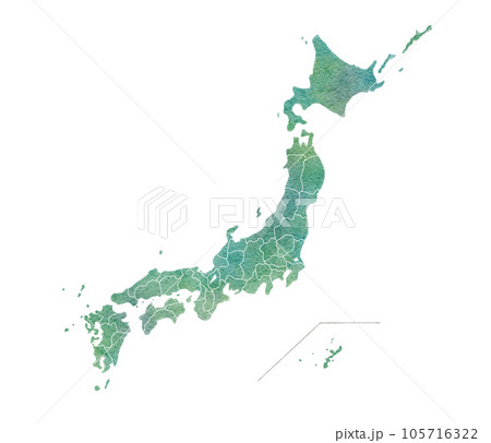 手書きで書いた日本地図の緑色の水彩画イラスト 手書きで書いた日本地図の緑色の水彩画イラスト 105716322