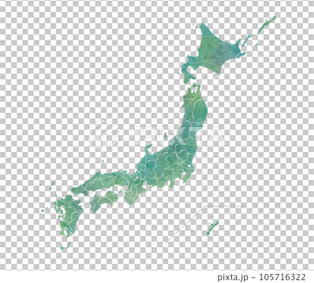 手書きで書いた日本地図の緑色の水彩画イラスト 手書きで書いた日本地図の緑色の水彩画イラスト 105716322