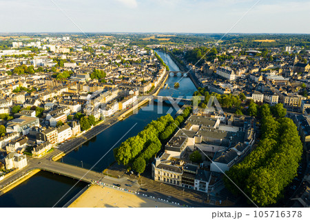 Aerial view of Laval on Mayenne River in summer, France 105716378