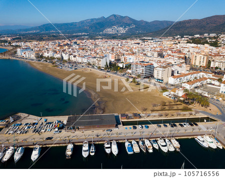 View from drone on yachts in Roses, Spain 105716556