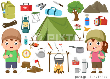 Cute kid cartoon with camping equipment collection Cute kid cartoon with camping equipment collection 105716855