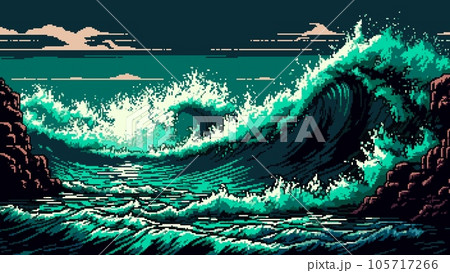 AI generated, 8bit pixel art sea storm waves landscape, vector game level background. Cartoon stormy ocean with water wave ripple splash on rocks with hurricane wind for arcade game seascape level AI generated, 8bit pixel art sea storm waves landscape, vector game level background. Cartoon stormy ocean with water wave ripple splash on rocks with hurricane wind for arcade game seascape level 105717266