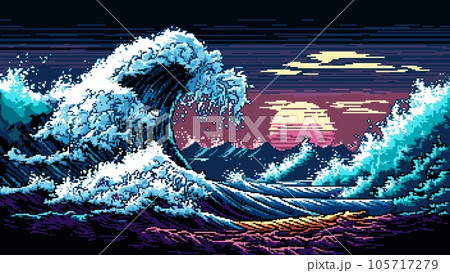 Tsunami wave landscape. AI generated 8 bit pixel game scene of sea storm surf at sunset. Vector stormy ocean nature background with big water waves of powerful tide, purple sky, sun and clouds Tsunami wave landscape. AI generated 8 bit pixel game scene of sea storm surf at sunset. Vector stormy ocean nature background with big water waves of powerful tide, purple sky, sun and clouds 105717279