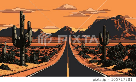 Ai generated desert road landscape with mountains. 8Bit retro pixel art background. 2d nostalgic game scene with cacti along empty asphalt highway and Arizona canyon vast arid land perspective view Ai generated desert road landscape with mountains. 8Bit retro pixel art background. 2d nostalgic game scene with cacti along empty asphalt highway and Arizona canyon vast arid land perspective view 105717281