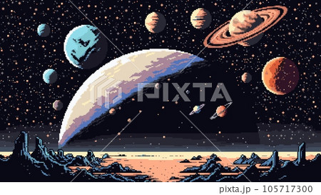 Starry galaxy and space planet surface landscape. Ai generated 8bit pixel game scene background. Retro-futuristic parallax level for interstellar travel with far cosmic starscape and celestial objects 105717300
