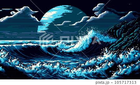 8 bit pixel art night storm sea waves - Stock