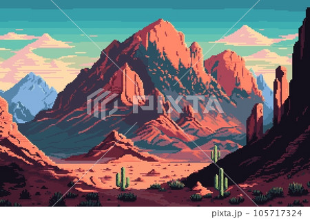 Wild west landscape with desert and mountains. Ai generated 8bit pixel game scene background. 2d nature background in pixelated retro style, with rocks and cacti, capture the beauty of western world 105717324