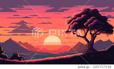 Evening sunset on mountains landscape. AI generated 8bit pixel game scene. Vintage 2d videogame level design asset, 16 bit console vector backdrop or 8bit arcade wallpaper with African landscape Evening sunset on mountains landscape. AI generated 8bit pixel game scene. Vintage 2d videogame level design asset, 16 bit console vector backdrop or 8bit arcade wallpaper with African landscape 105717338