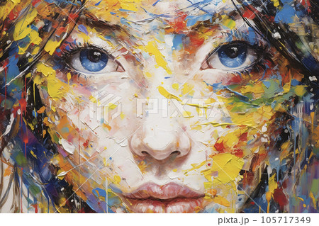 カラフルな絵の具で描かれた女性のアート「AI生成画像」のイラスト素材