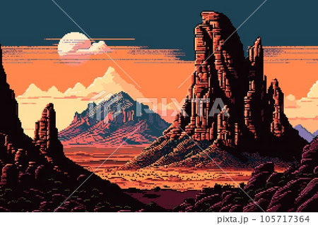 Wild West desert mountains landscape for AI generated 8bit pixel game scene, vector background. Western canyon valley and desert rocks of Texas or Arizona landscape in 8 bit pixel of arcade game level 105717364