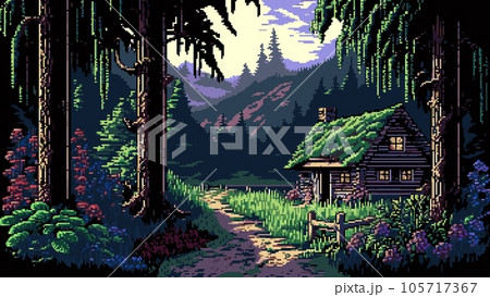 House in forest landscape. Ai generated 8bit pixel game scene, peaceful and enchanting environment. Nostalgic pixelated world with lonely hut nestled within a picturesque wood with trees and flowers House in forest landscape. Ai generated 8bit pixel game scene, peaceful and enchanting environment. Nostalgic pixelated world with lonely hut nestled within a picturesque wood with trees and flowers 105717367