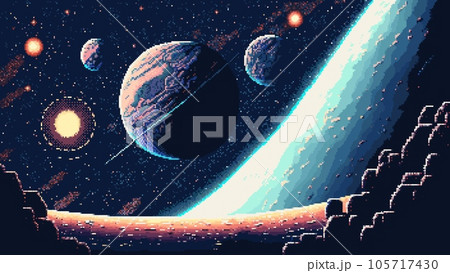 Space galaxy landscape. Ai generated 8bit pixel game scene. 2d background, gaming location of retro futuristic exploration, immersing players in a visually captivating universe, otherworldly starscape 105717430
