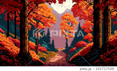 Generative ai autumn forest landscape. 8Bit pixel art game scene background. Nostalgic Arcade 2d gaming location level featuring pixelated trees with bright foliage, falling leaves, and dirt road 105717500