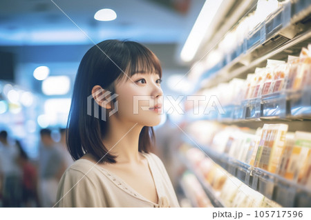 ドラッグストアで買い物をしている日本人女性「AI生成画像」 105717596