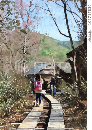 登山、山小屋へと歩く若い女性（水彩画）Generative AI 105717830