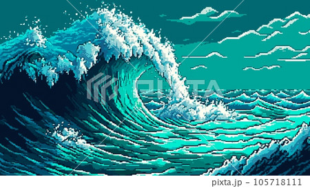 Sea storm tsunami wave landscape. AI generated 8 bit pixel game scene with stormy ocean, big water surf, dark sky and clouds vector background. Marine seascape with stormy weather and hurricane waves 105718111