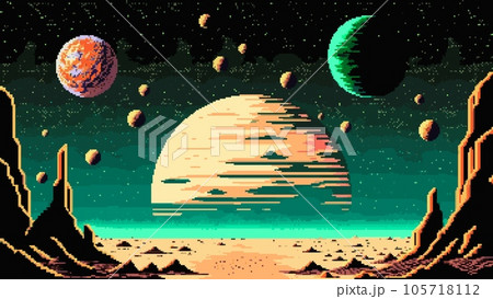 Space planet surface landscape, AI generated 8bit pixel game scene, vector cosmic background. Alien galaxy planet, cartoon fantasy desert ground of moon land with sky and canyon rocks for game level 105718112