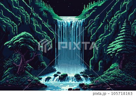 Generative ai waterfall cascade landscape. 8Bit...のイラスト素材 [105718163 ...