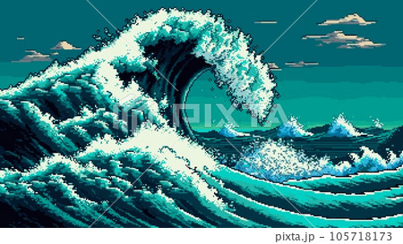 8 bit pixel tsunami wave at storm seaのイラスト素材 [105718173 