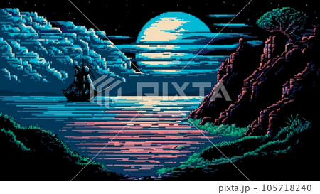 Night sea landscape with sail ship. Ai generated 8bit pixel game scene evoking a sense of nostalgia and adventure. Retro pixelated art style, captivating immersive gaming experience with moon and boat Night sea landscape with sail ship. Ai generated 8bit pixel game scene evoking a sense of nostalgia and adventure. Retro pixelated art style, captivating immersive gaming experience with moon and boat 105718240