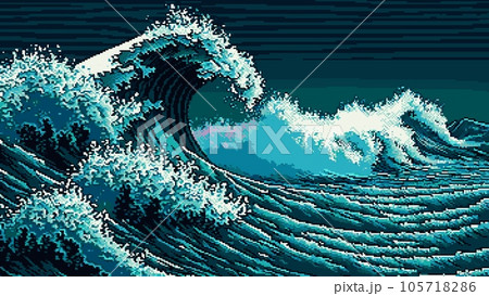 Sea storm waves landscape, AI generated 8bitのイラスト素材