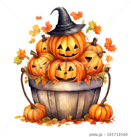 Halloween Pumpkin and Candy Gifts Bucket Watercolor Clipart isolated on Transparent Background. Halloween Pumpkin and Candy Gifts Bucket Watercolor Clipart isolated on Transparent Background. 105718580
